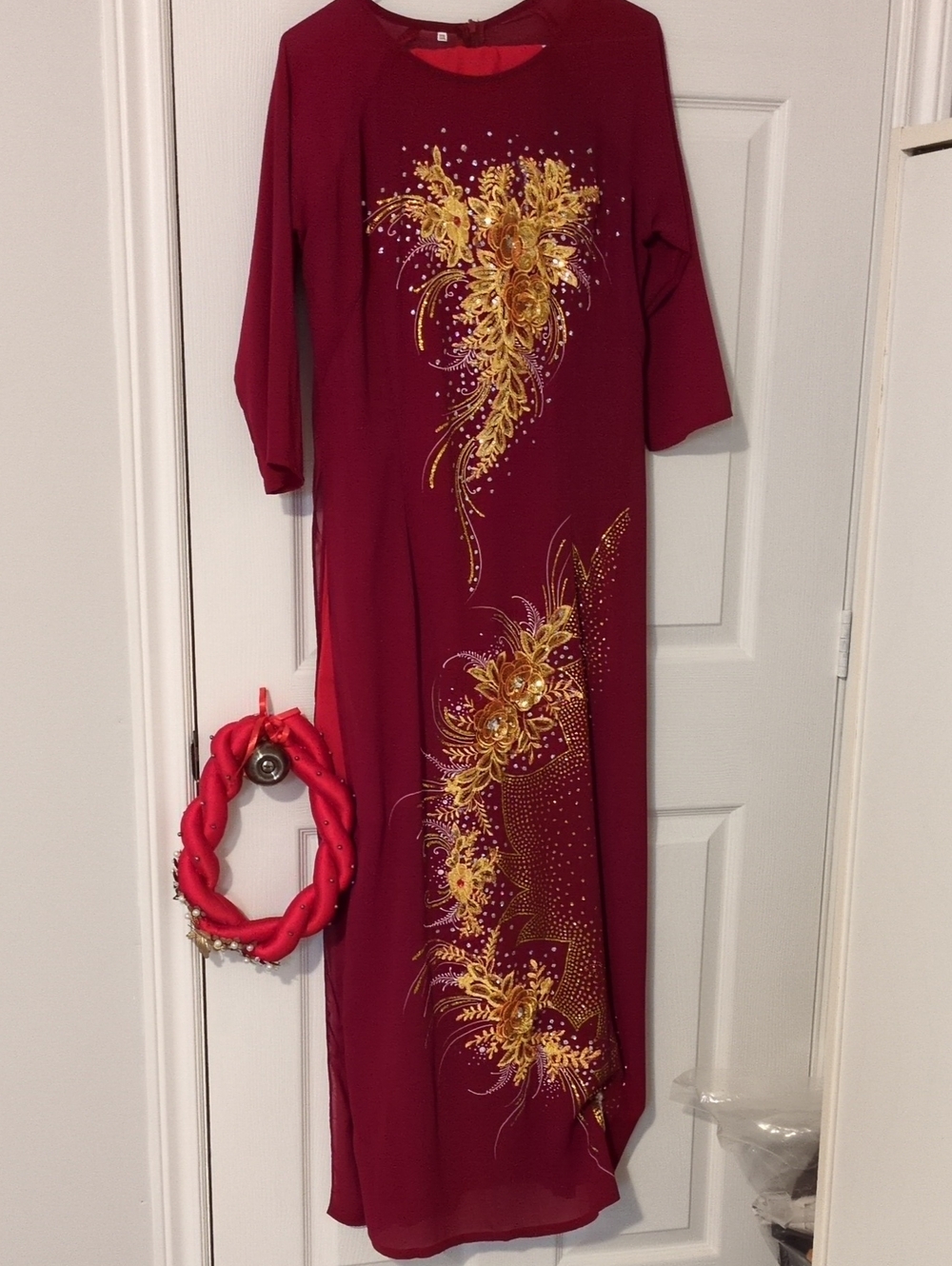Elegant Burgundy Long Sleeve Maxi Dress with Gold Floral Embroidery